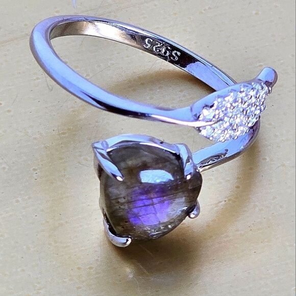 Natural Labradorite & CZ 925 Sterling Silver Ring Sz 6.5 - Picture 1 of 7